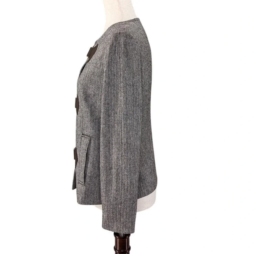 Tory Burch Wool Herringbone Jacket Size 6 Brown Leather Snap Equestrian‎ Luxury